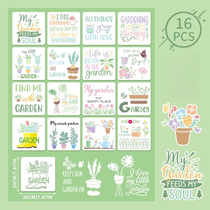 16-Pack Garden Word Stencils, Reusable Gardening Quote Templates for Wood Signs, Wall Art, DIY Crafts & Baking Decor - 7.87x7.87 Inch PET Stencils Set