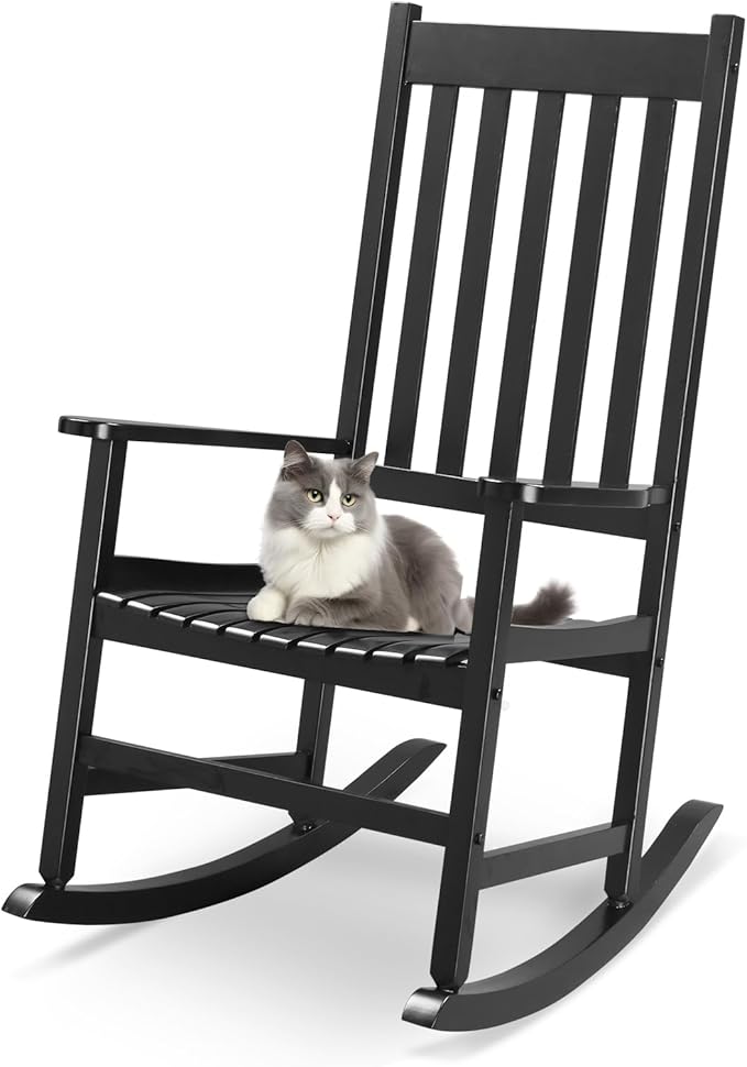 Outvita Outdoor Rocking Chair, Solid Wood High Back Rocker, All Weather Lounge Chair for Porch Patio Fire Pit Garden Backyard Deck Indoor, Black