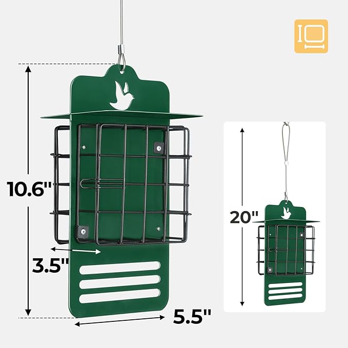 Veehoo Suet Bird Feeders for Outside Hanging, Woodpecker Feeder Double Suet Double Suet Feeder with Tail Prop & Weatherproof Roof, Wild Bird Feeder Suet Holder Suet Cakes Cage for Outside, Green