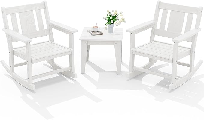 SERWALL Outdoor Rocking Chairs Set of 2 with Side Table, All-Weather HDPE 3 Piece Patio Furniture Set, Patio Bistro Set for for Porch Deck Lawn Balcony, White