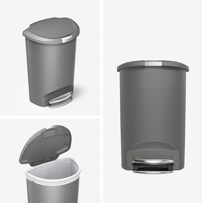 simplehuman 50 Liter / 13 Gallon Semi-Round Kitchen Step Trash Can with Secure Slide Lock, Grey Plastic