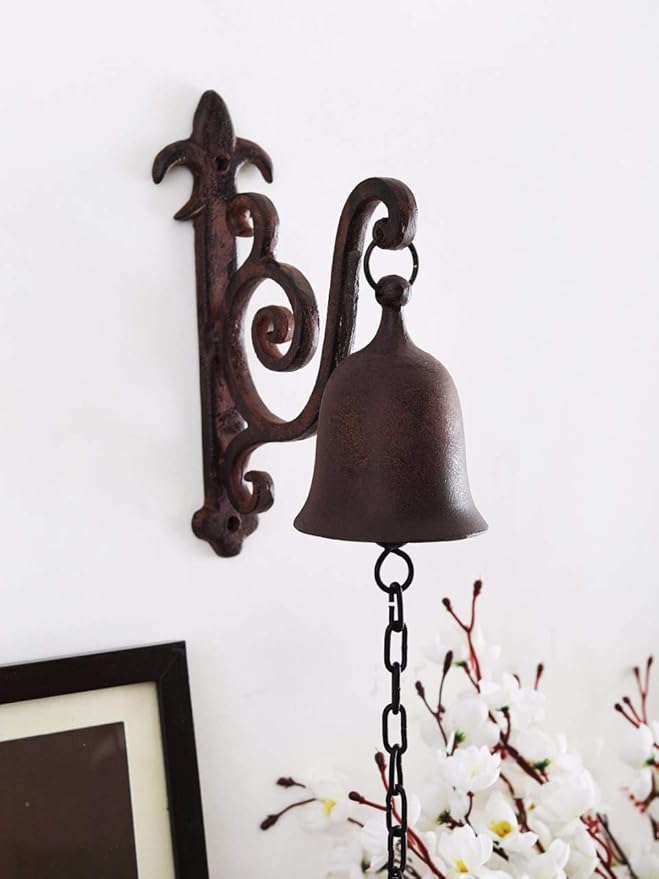 Vintage Cast Iron Dinner Bell as Entry Door Bell, Outside Hanging Decor or Indoor Decoration Wall Antique Farm and Front Gate Bell, Brown