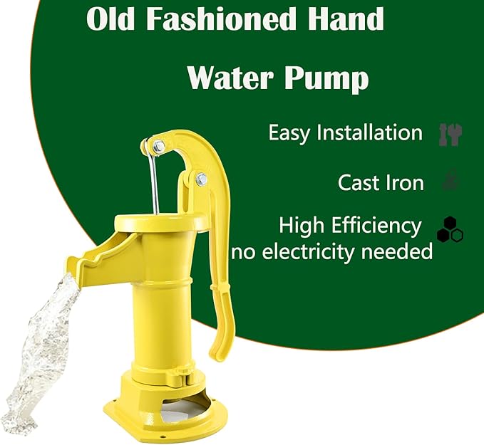 Durable Antique Cast Iron Pitcher Pump: Manual Hand Shake Suction Well Pump for Water Transfer, 25ft Maximum Lift, Easy Installation, Suitable for Outdoor Gardens, Ponds, and Backyards. (Yellow)