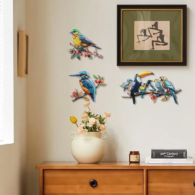 3 Pcs Metal Birds Wall Art Garden Decor, 3D Colorful Birds Outdoor Wall Art Yard Patio Fence Decoration, Hummingbird Parrot Toucan Wall Hanging Sculpture Outside Gift for Women Mom