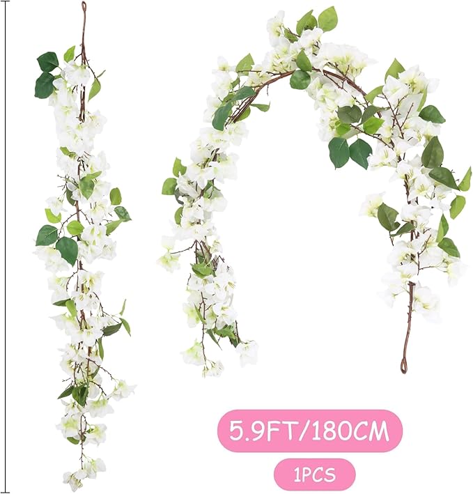 IPOPU White Bougainvillea Artificial Garland 5.9FT 1 PCS – Silk Bougainvillea Hanging Flowers, Artificial Flower Garland for Wedding Arch, Backdrop, Home Decor
