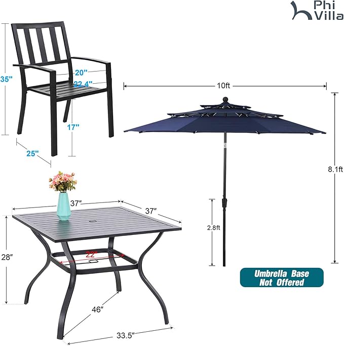 PHI VILLA 5 Piece Outdoor Dining Set with 10ft Umbrella, 37" Square Metal Dining Table & 4 Stacking Metal Chair with 3 Tier Navy Umbrella for Patio, Deck, Yard, Porch