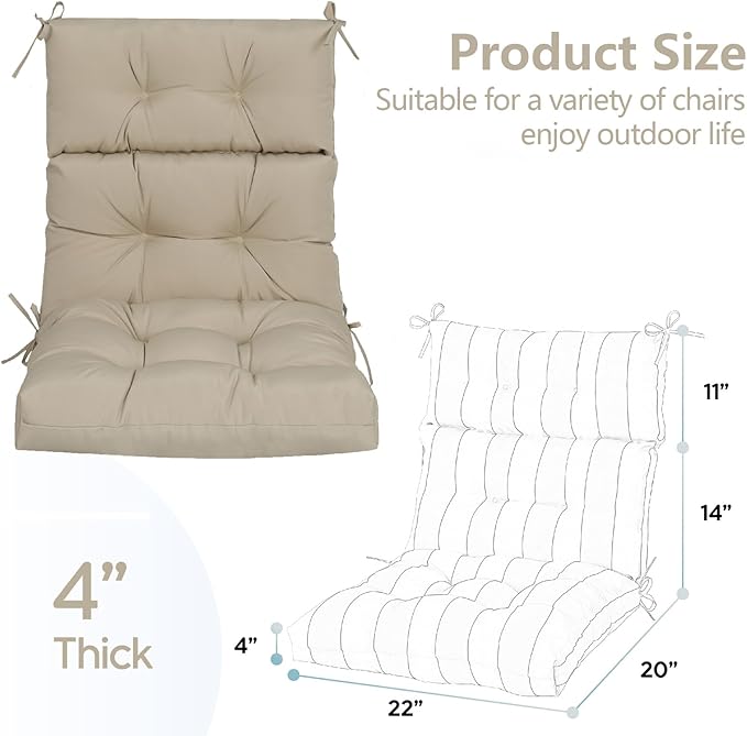 High Back Chair Cushions Set of 2, Adirondack Chair Cushion with Waterproof, Rocking Chair Cushion for Outdoor Patio, Garden Porch 45”x 22”x 4 (2, Khaki B)