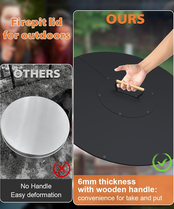 32" Wooden-Handle Fire Pit Lid for Pits up to 30", Round Metal Bonfire Pit Burner Pan Cover, Smokeless Fire Pit Cover for Fire Tables, All-Weather Resistance Outdoor Firepit Accessory