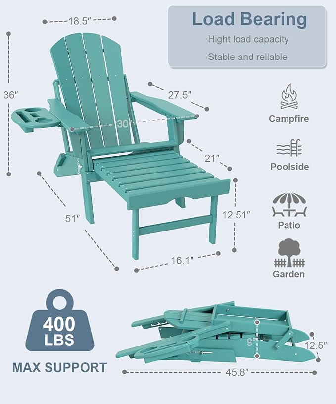 Adjustable Adirondack Chair with Retractable Ottoman Set of 6, HDPE Folding Adirondack Chair with Cup Holder, All Weather Fire Pit Chair for Outdoor.