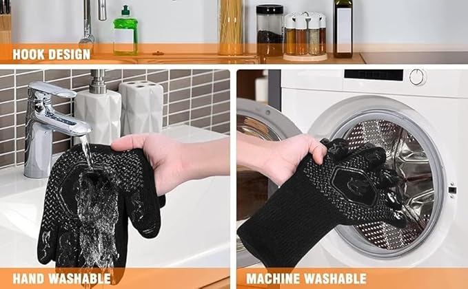 BBQ Grill Gloves Heat Resistant 1472℉ High Temp Resistance Fireproof Glove for Grilling Smoking Barbecue Washable Long Oven Extreme Hot Proof Mittens for Kitchen Baking (Black)
