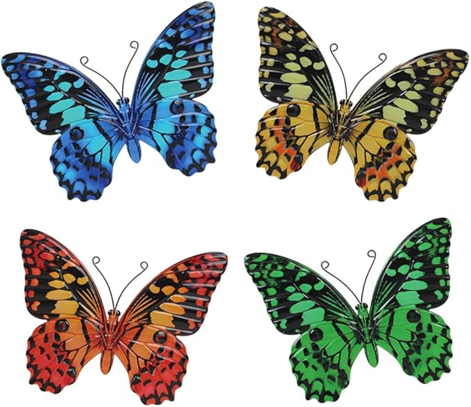 4 Pcs Butterfly Wall Decor Art, Butterflies Outdoor Metal Wall Art with Vivid Pattern, Hand Painted Outdoor Garden Yard Fence Patio Decor Gift for Women Mom