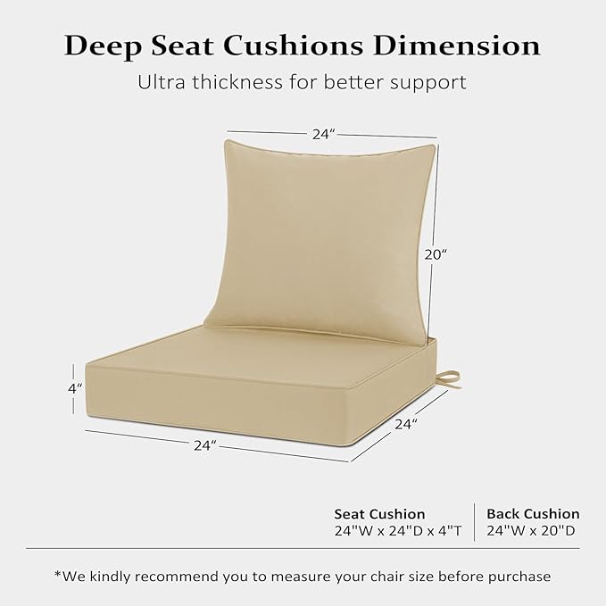 Cozyide Outdoor Chair Cushions 24x24, Washable Patio Furniture Cushions with Removable Cover, Waterproof Outdoor Deep Seat Cushion Set with Non-Slip Ties and Handle, Khaki