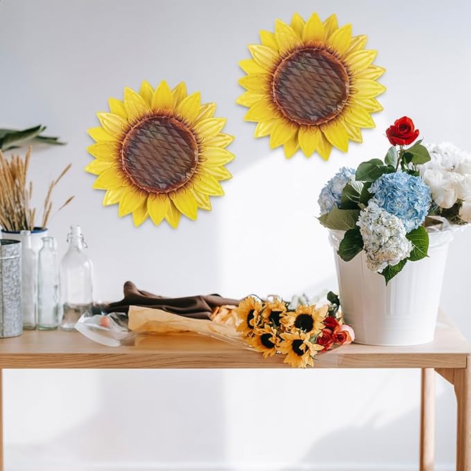 hogardeck Metal Sunflower Wall Decor - 2 Pcs 11'' Metal Flower Wall Art Outdoor Backyard Decorations Sunflower Kitchen Bathroom Decor Hanging for Indoor, Outdoor, Living Room, Bedroom