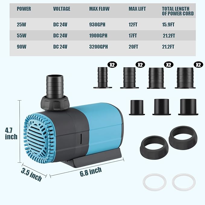 LYPHARD AQUARIUMS 3200GPH Submersible Water Pump 90W with Controller DC 24V, Adjustable High Lift 20FT Pond Pump for Fountain, Aquarium, Fish Tank, Hydroponics, Waterfall