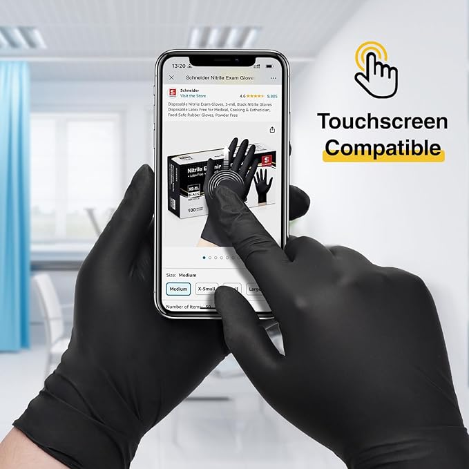Schneider Nitrile Exam Gloves, Black Latex Free Powder Free Disposable Gloves for Medical, Cooking, Cleaning, and Food Prep