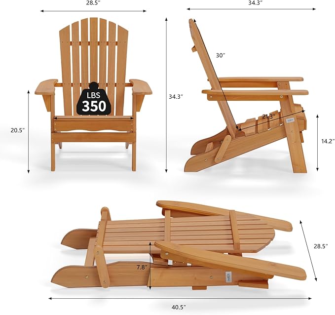 VINGLI Folding Adirondack Chairs Set of 2, Wood Adirondack Chair for Outdoor, Foldable Fire Pit Chairs for Patio, BBQ, Porch, Yard, Pool