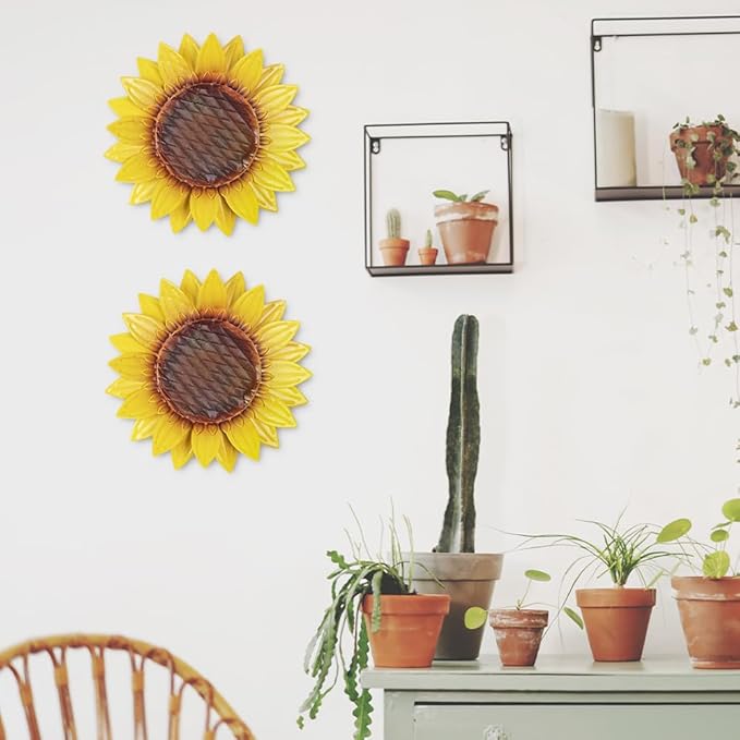 hogardeck Metal Sunflower Wall Decor - 2 Pcs 11'' Metal Flower Wall Art Outdoor Backyard Decorations Sunflower Kitchen Bathroom Decor Hanging for Indoor, Outdoor, Living Room, Bedroom