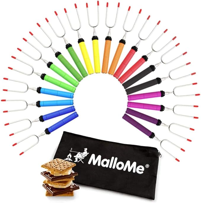 MalloMe Smores Sticks for Fire Pit - Accessories for Campfire Marshmallow Roasting Sticks Smores Kit Outdoor - Smore Skewers Hot Dog Fork For Outside, Camping Essentials Bonfire Gear Long 34" 20 Pack