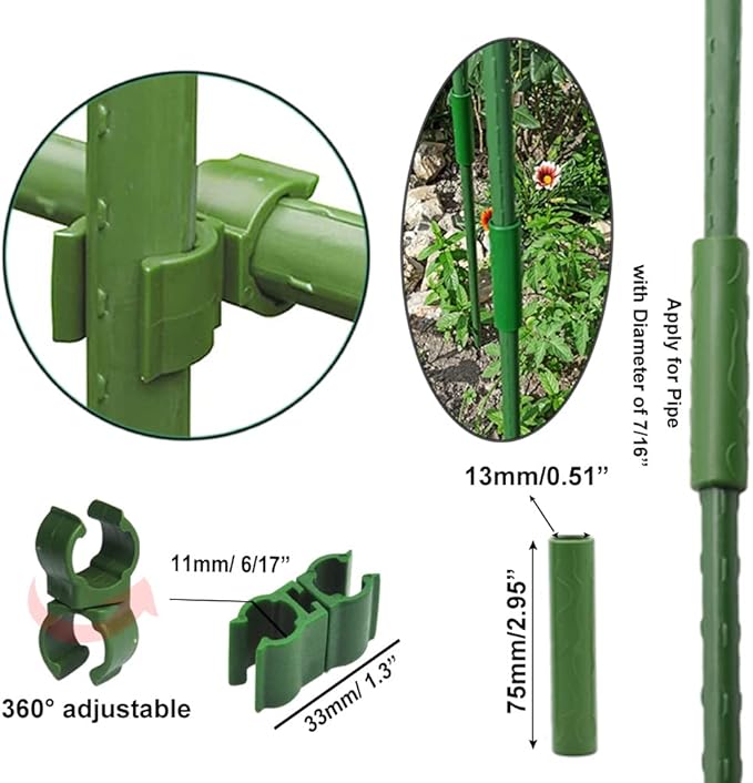 Garden Trellis Support Kit - Plant Clips & Stake Connectors, 7/16" Stake Extensions & Pipe Fixings