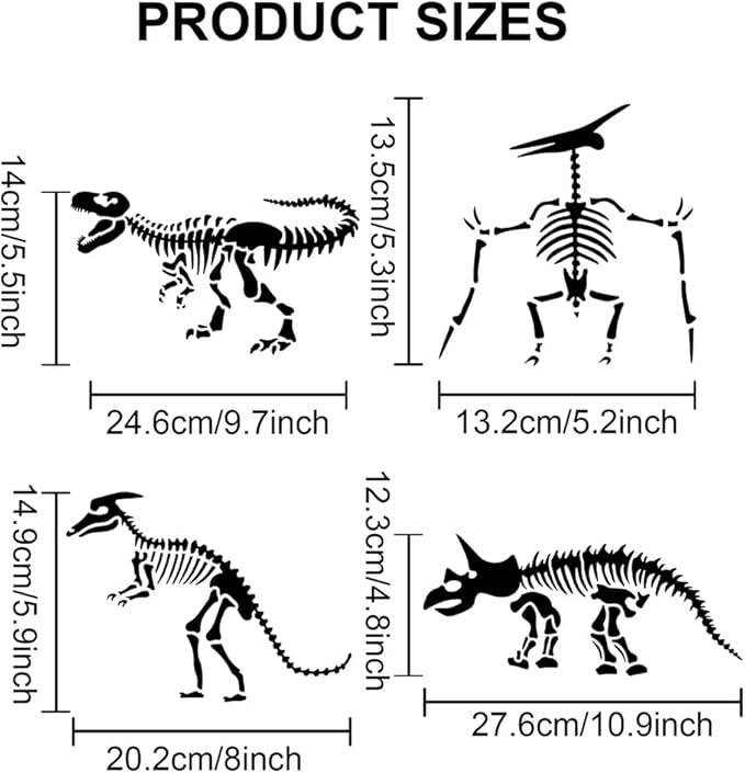 MAYJOYDIY 3pcs Dinosaur Skeleton Stencil Template Stegosaurus Triceratops Tyrannosaurus Rex Stencils 11.8×11.8inch with Paint Brush Dinosaur Footprint Stencils for Painting DIY Craft Window Wood