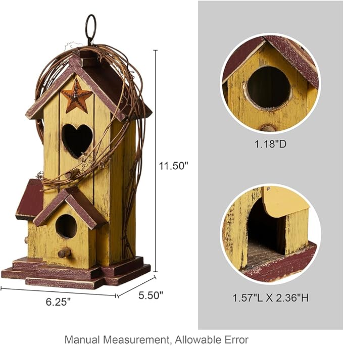 Glitzhome Bird Houses for Outside, Decorative Bird House,11.5"H Distressed Solid Wood Hanging Birdhouses for Outdoors, Hummingbird House Bird Cottage with Rattan for Outdoor Patio Garden,Washed Yellow