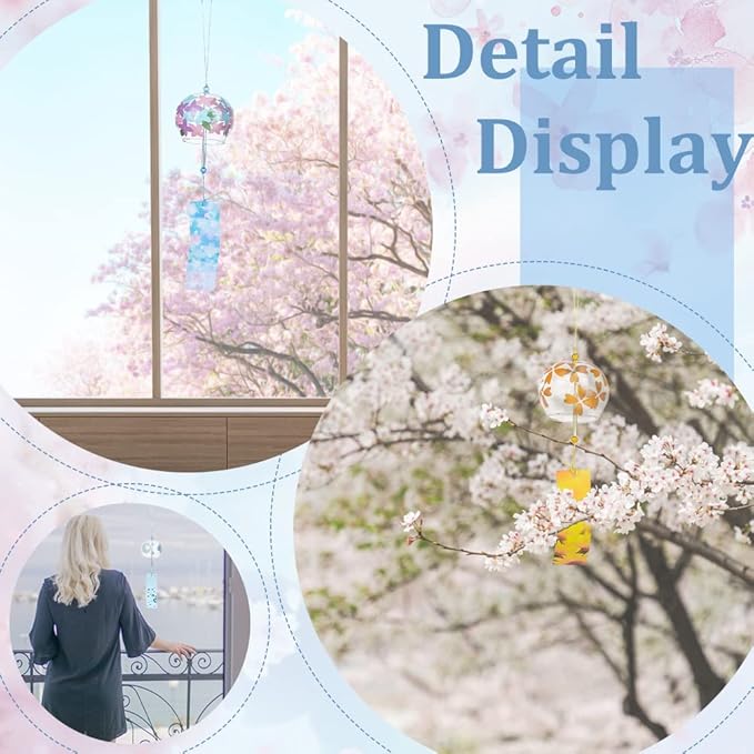 BENECREAT 3pcs Japanese Wind Chimes Flower Wind Bells Gold Blue Colorful Handmade Glass Pendants for Wedding Festival Gift, Garden Window Outdoor or Indoor Home Decors
