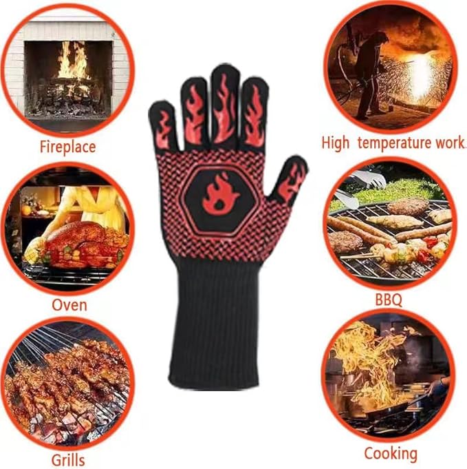 BBQ Grill Gloves Heat Resistant 1472℉ High Temp Resistance Fireproof Glove for Grilling Smoking Barbecue Washable Long Oven Extreme Hot Proof Mittens for Kitchen Baking (Red)
