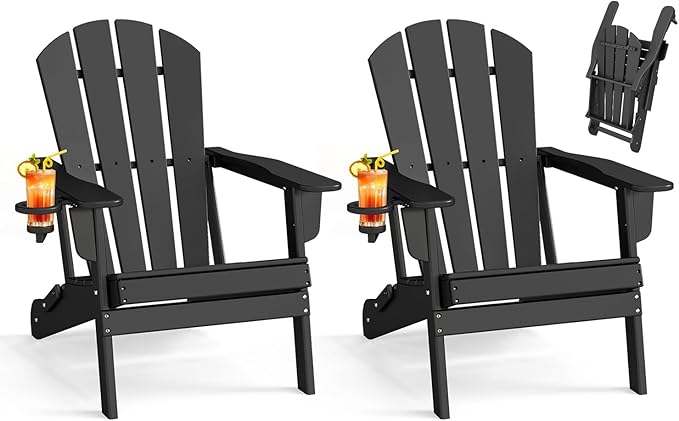 BRIOPAWS Folding-Adirondack-Chairs Set of 2 | HDPE Plastic | Fire Pit Chair | Cup Holder | Curved Back | All Weather| for Outdoor Backyard Deck Patio | Black