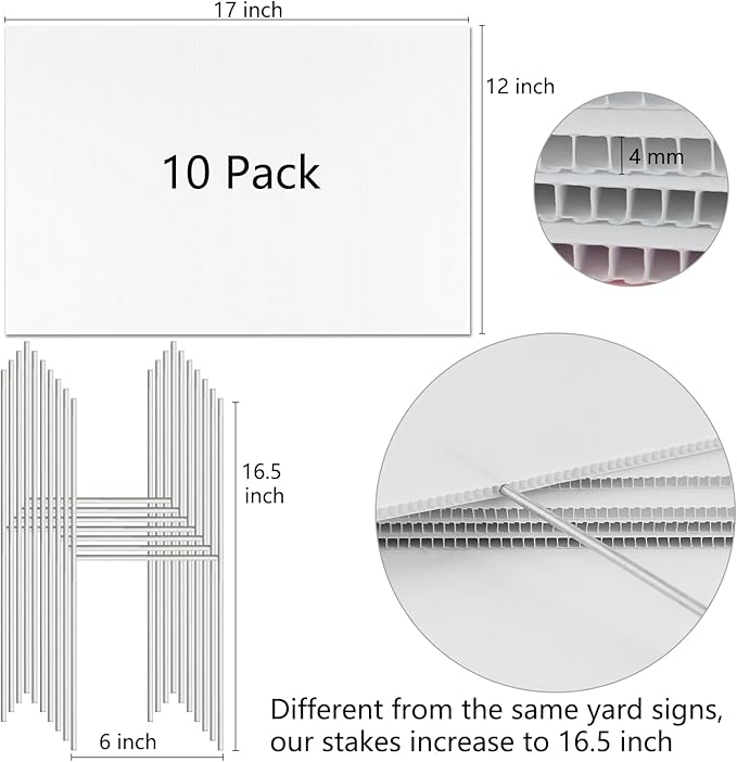Blank Yard Signs with Stakes, Remiawy 10 Pack Lawn Signs Corrugated Plastic 17x12 Inches Custom Double Sided for Yard Sale Outdoor, Garage, Open House, Estate, Guidepost, Birthday Party
