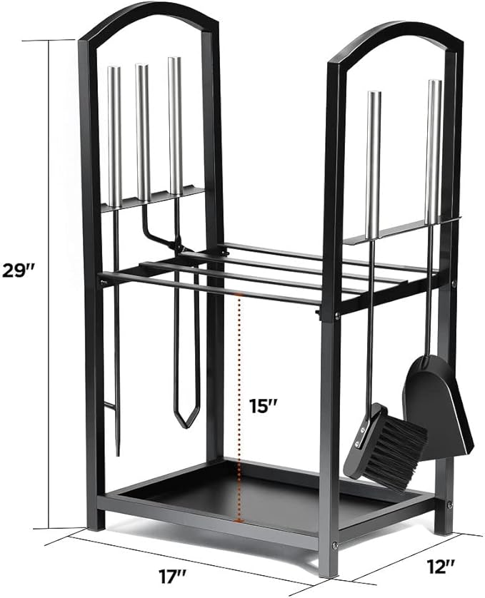 HOME IT Firewood Rack Indoor Outdoor - 2-Tier Firewood Holder with Fireplace Tools Set, Brush, Shovel, Poker, Tongs - Waterproof Steel Pipe Log Holder, Black Stove Wrought Iron - 17x12x29