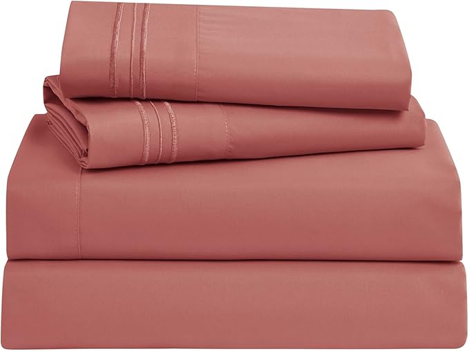 Clara Clark Bed Sheets, Premier 1800 Series Bed Sheet Set, Deep Pocket, Wrinkle, Fade, Stain Resistant, Luxury Soft Bedding Sheets & Pillowcases, Full, Pink Clay