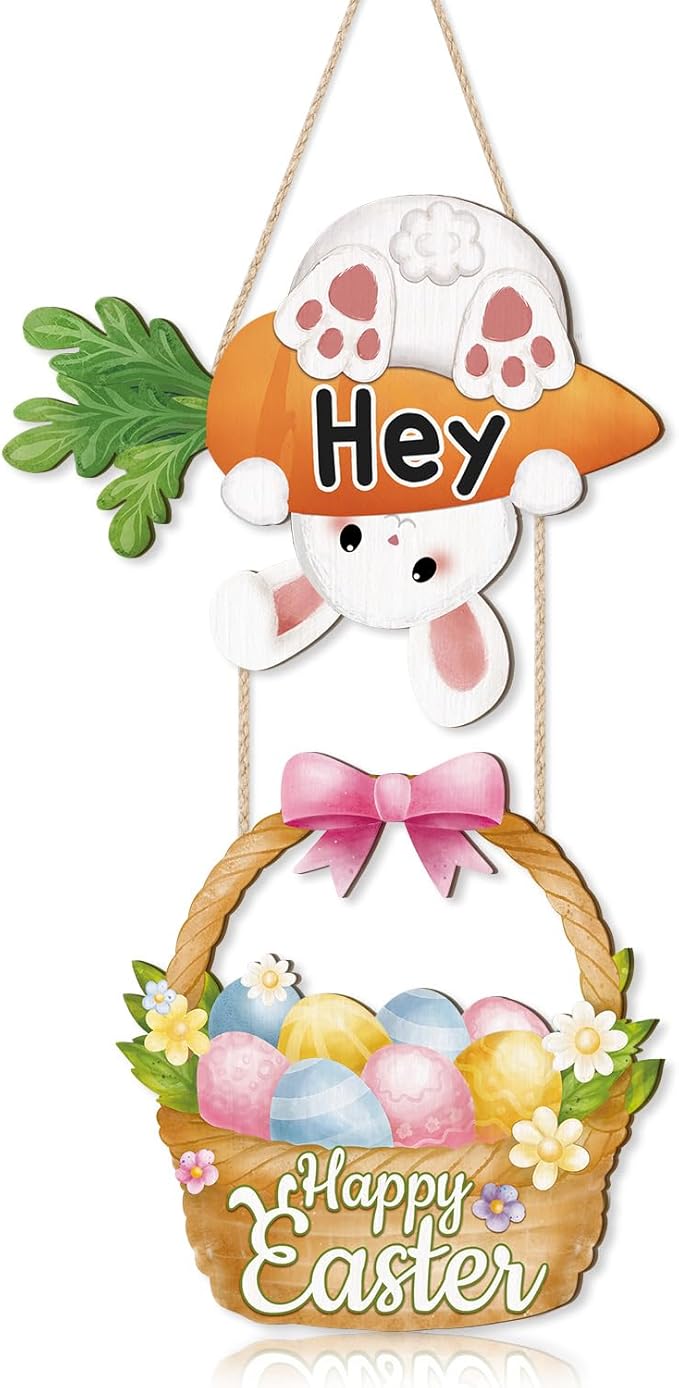 CHDITB Easter Bunny Wooden Sign, Happy Easter Wood Hanging Plaque With Carrot, Spring Rabbit Front Door Sign, Eggs Basket Wall Art Sign Hanger, Welcome Wall Decor For Outdoor Porch Yard Home Decor