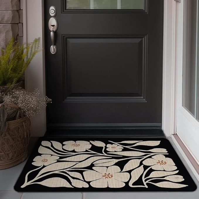 Boho Beige and Black Floral Door Mat - Bohemian Neutral Floral Front Door Welcome Mats Outdoor Entrance, 17x30 Rug
