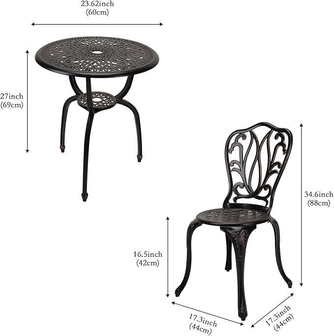 JARDIN DE CENTENNIAL 3-Piece Patio Bistro Furniture Set Cast-Aluminum Bistro Table Set for Lawn,Garden,Backyard (YILI Copper)