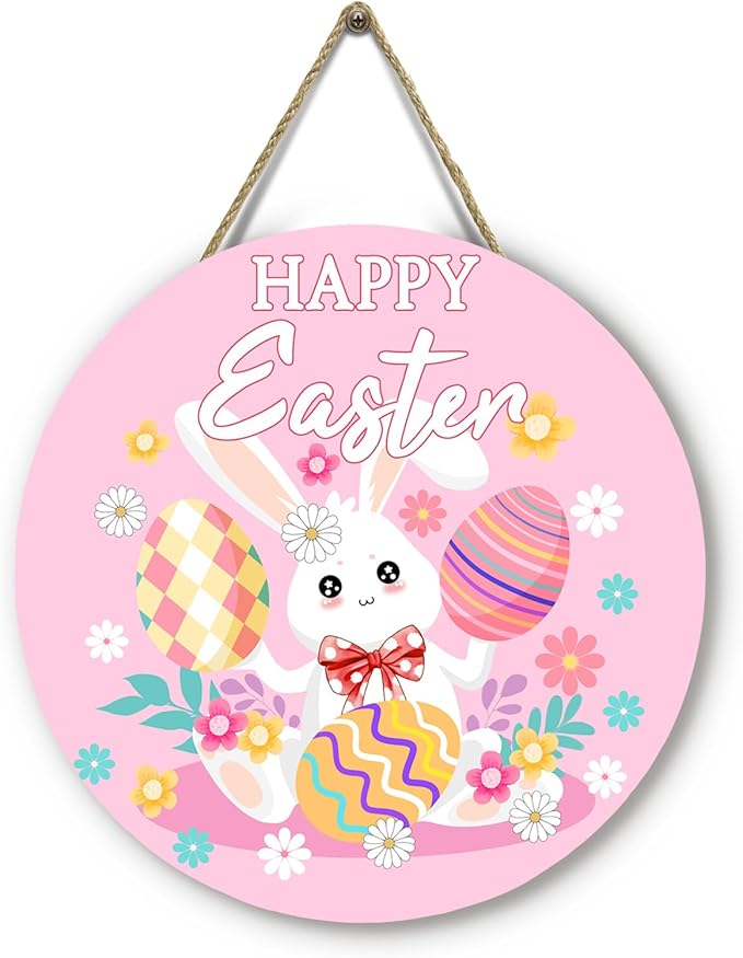 Happy Easter Bunny Front Door Signs Pink Easter Rabbit Eggs Door Hanger Spring Floral Wooden Porch Door Hanging Sign Farmhouse Decorations for Home Holiday Party