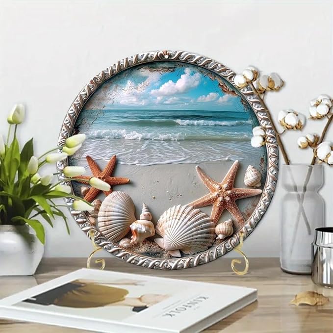 Metal Retro Shell Gasoline Wall Art, Creativity Art Decorations, Garden Sign Outside Decor，Wall Sculpture， Hanging Sculpture for Living Room Dining Room Bedroom Yard Outdoor Decor (Starfish and Shells)