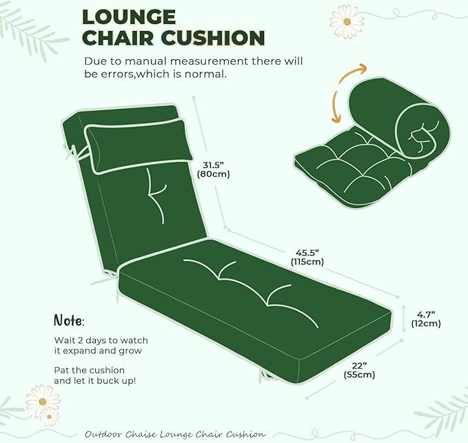 Waterproof Lounge Chair Cushion Outdoor for Chairs, Fade Resistant Chaise Lounger Replacement Cushions with 6 Ties, Thickened Memory Foam Pool Lounge Chair Cushions, 76 x 22 x 4.7 Inches, Green