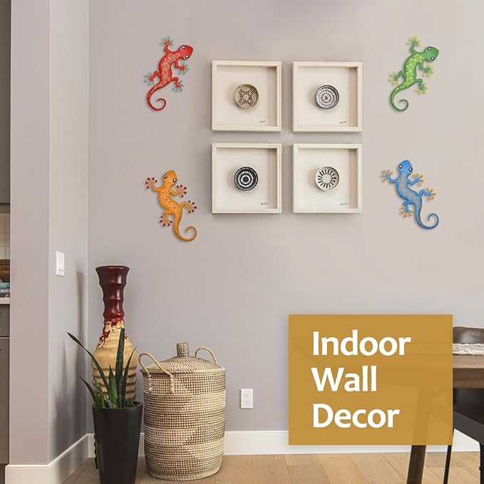 4 Pcs Metal Gecko Outdoor Decorations - Metal Wall Art Hanging Sculpture Decoration for Garden Yard Fence Porch Wall Decor, Gift for Mom Friends