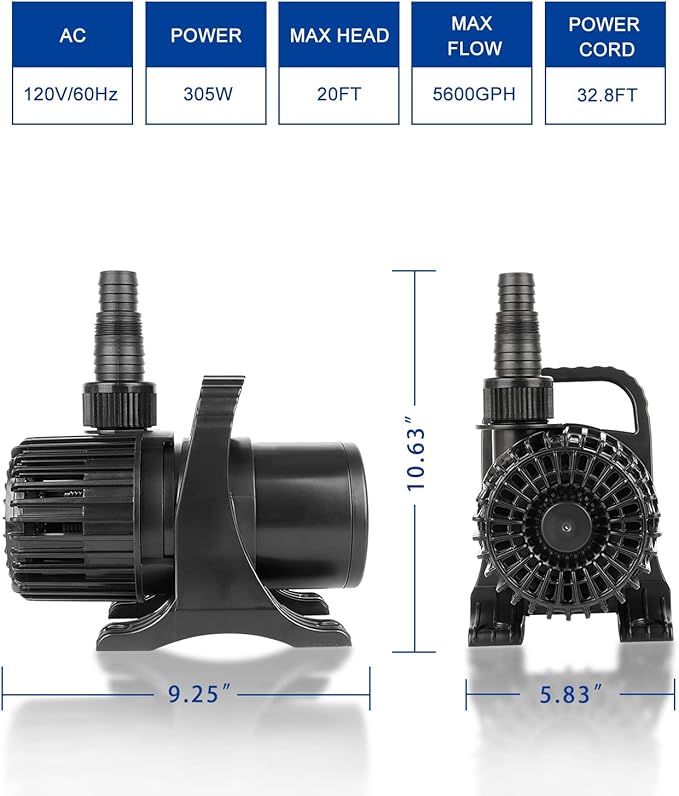 OYO WATER Outdoor Large 5600gph-305W 32.8FT Pond Water-fall & Kio Fish Fountain-s &Garden Pump Submersible IPX8: Long 32.8FT Cord Smart-er & Quieter Duck & Yard &Patio Ponds Pumps, 1 Barrier Pump Bag