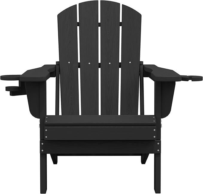 SERWALL Folding Adirondack Chair, Dual Cup Holders, Wood-Like Patio Chair for Backyard, Camping，Pool & Fire Pit- Black