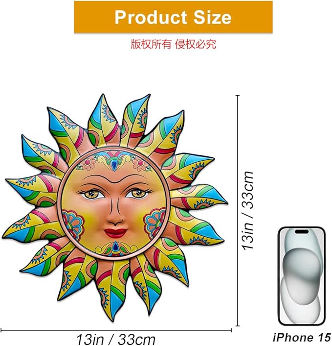Daogtc Metal Sun Wall Decor - Sun Flower Wall Art Decoration,Hanging Decoration for Home Garden Farmhouse Yard Patio Fence Living Room Bedroom (SUN-G)
