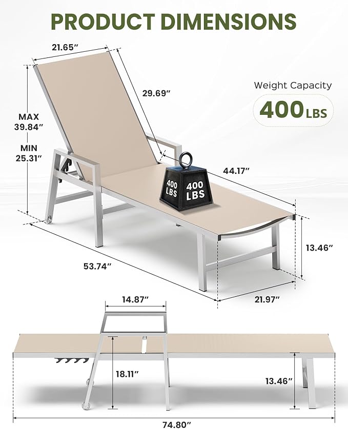Patio Chaise Lounge Chair Outdoor with Wheels&Armrests, Aluminum Pool Lounge Chairs 5-Position Adjustable Recliner, Outdoor Beach Lounge Chairs for Poolside, Patio, Deck, Yard, Khaki