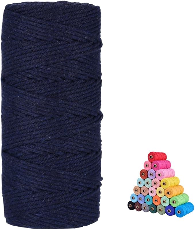FLIPPED Macrame Cord,3mm x109 Yards Cotton Macrame Cords Colored Cotton Macrame Rope Craft Cord for DIY Crafts Knitting Plant Hangers Christmas Wedding Décor (Dark Blue, 3mm*109yards)