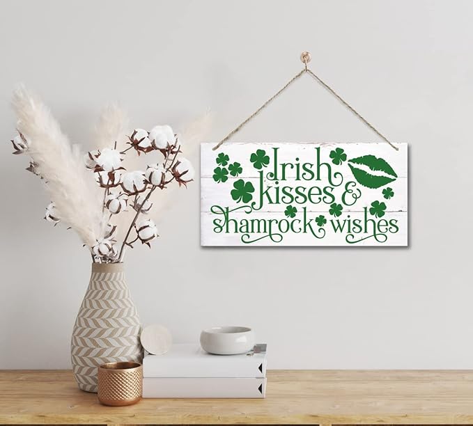 Funny St. Patrick's Day Wood Art, Irish Kisses & Shamrock Wishes Printed Wall Art, Home Sign, Hanging Door Decor