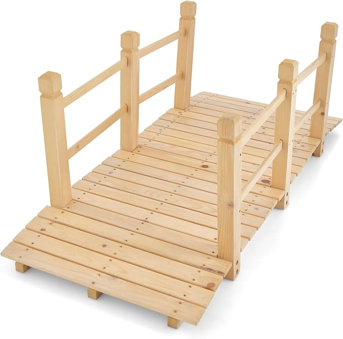 HAPPYGRILL 5FT Wooden Garden Bridge, Decorative Pond Landscaping Bridge with Classic Arc Footbridge & Double Safety Railings, Garden Bridges for Outdoors, Backyard, Garden Farm (Natural)