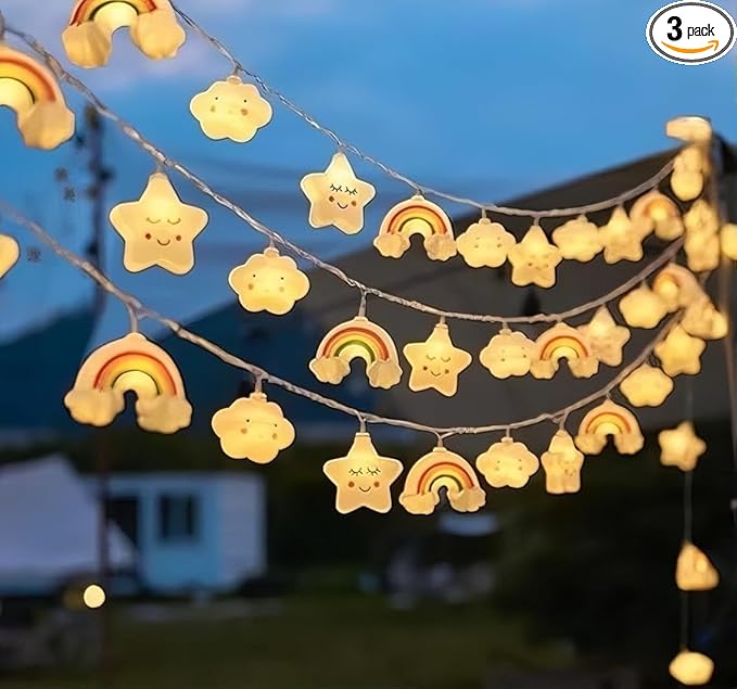 Star Cloud Rainbow Fairy Lights 9.8FT 20 LED Lights with Battery Operated Warm White Fairy String Lights for Holiday Party Bedroom Wedding Garden Decoration (Stars Clouds Rainbows, 9.8FT)
