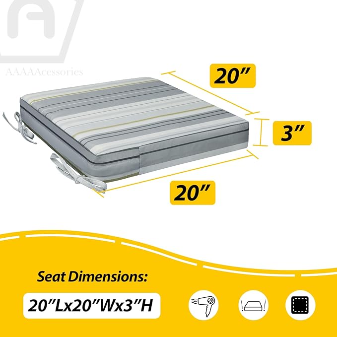AAAAAcessories Outdoor Seat Cushions for Chairs, Waterproof, Fade-Resistant, 20" x 20" x 3", Patio Furniture Replacement Cushions, Set of 2, Ash Blue Harbor Stripe