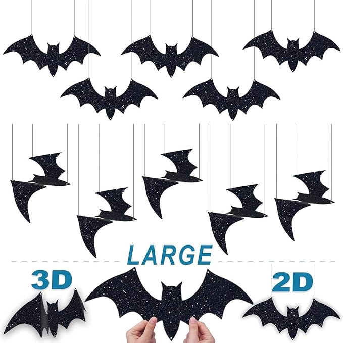 Halloween Decorations Outdoor: 10Pcs Hanging Bats Stickers Wall Decals Window Sticker, Large 3D Bats with glitter Removable Halloween Yard Front Door Porch Decoration Party Gothic Decor Indoor