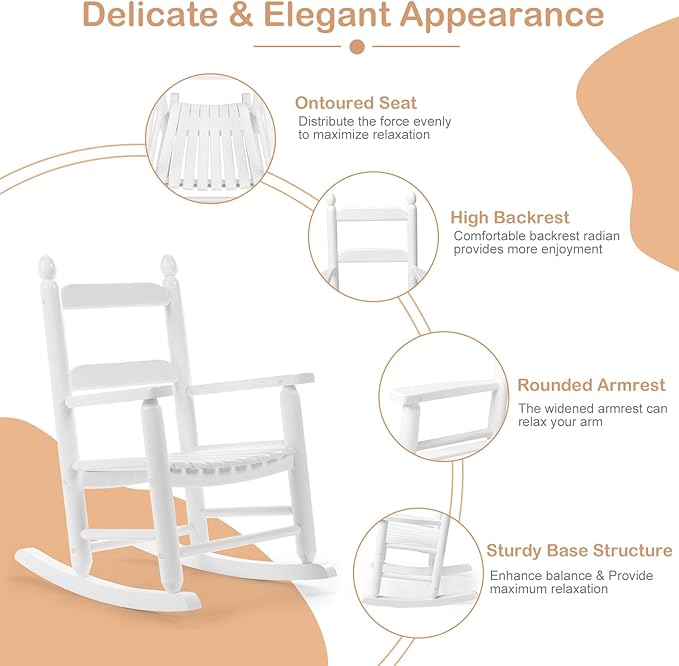 Outvita Outdoor Children's Rocking Chair, All-Weather Wooden Porch Rocker with High Backrest, Ideal for Garden, Yard, and Balcony, Patio Rocking Chair Suitable for Kids Ages 3-6(White)