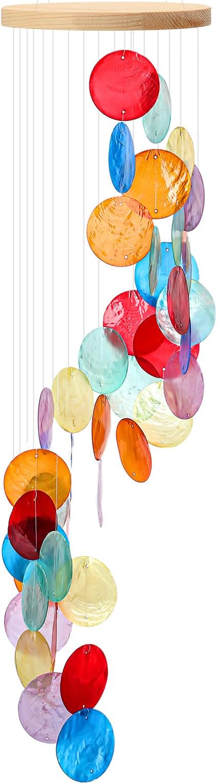 Wenqik Sea Glass Shell Wind Chimes for Outside Seaglass Capiz Windchime Spiral Wind Chimes for Women Beach Holiday Summer Gift Indoor Outdoor Home Housewarming Garden Decor(Colorful)